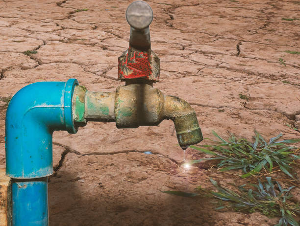 istock Drops of water on the arid soil, 639955570