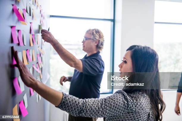 Brainstorming With Notes On The Wall Stock Photo - Download Image Now - Adhesive Note, Wall - Building Feature, Healthcare And Medicine
