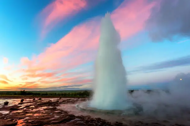 Erupting of Geysir geyser in southwestern Iceland, Europe.