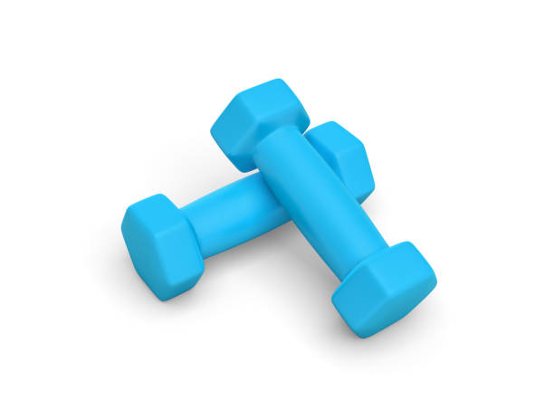 istock Rendering pair of blue light weight dumbbells isolated on white 639957544