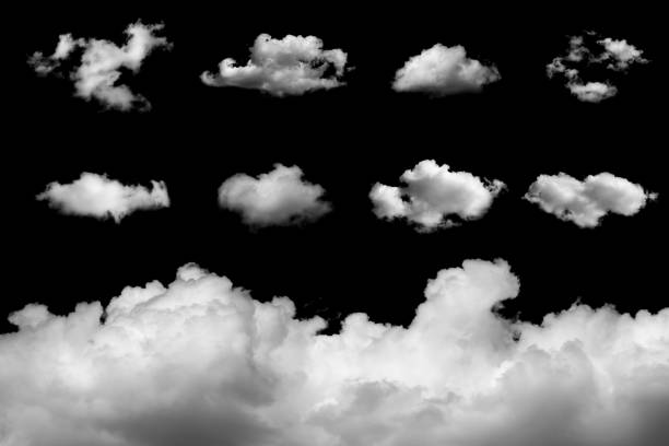istock Collection of white clouds on black background 639958948