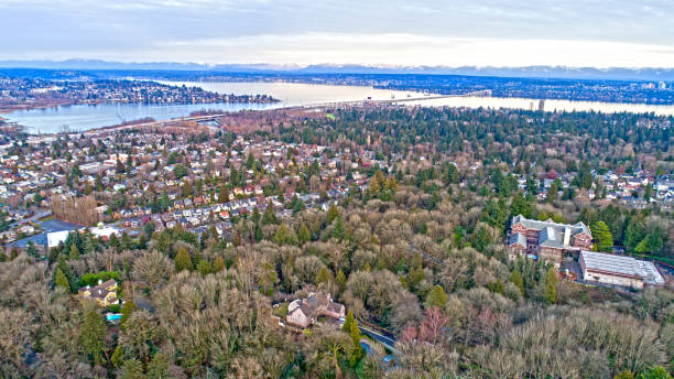 Interlaken Park and Montlake Neighborhood Seattle Lake Washington Interlaken Park and Montlake Neighborhood Seattle Lake Washington 520 Bellevue Aerial View puget sound aerial stock pictures, royalty-free photos & images
