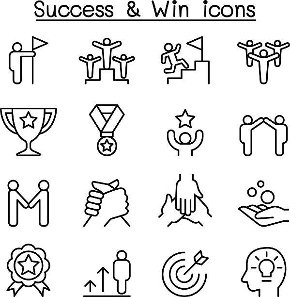 ilustraciones, imágenes clip art, dibujos animados e iconos de stock de icono de éxito establecido en estilo de línea fina - set goals
