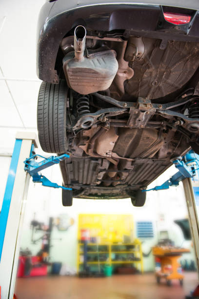 istock Car bottom at car repair shop 639962006