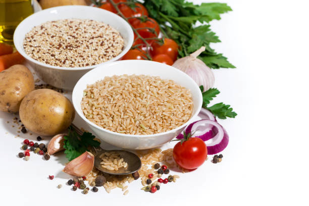 istock brown rice and quinoa, fresh ingredients for soup 639962574