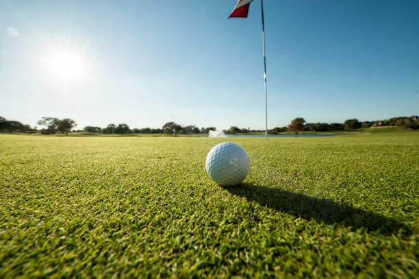 Golf ball on green low angle stock photo