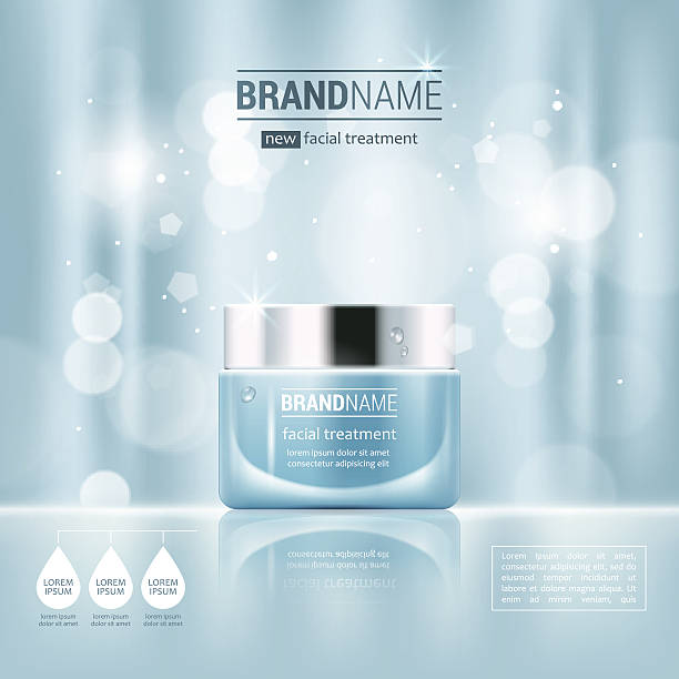 Facial cream glass jar realistic vector illustration isolated Facial cream glass jar realistic vector illustration isolated on blue bokeh background. Cosmetic ad mock up template for sale poster design skin care background stock illustrations