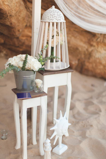 istock White wedding decorations in the sand 639967630