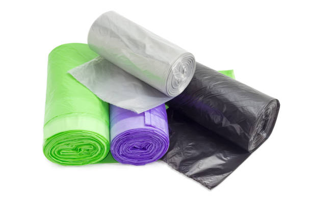 istock Plastic garbage bags in rolls of different sizes and colors 639967972