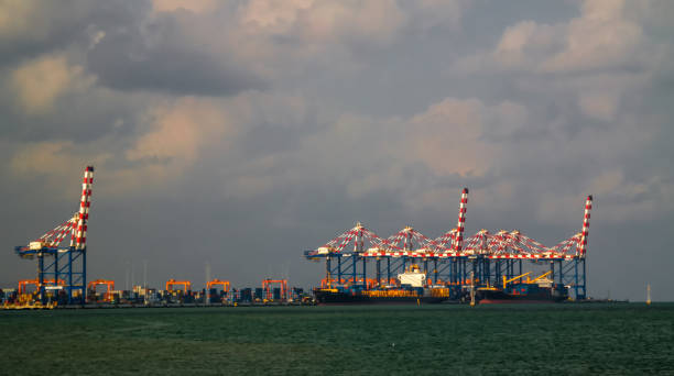 Panorama of Djibouti port , ships and cargo crane stock photo