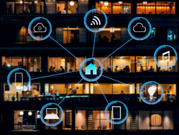 istock Internet of things futuristic background showing domotic connect 639969368