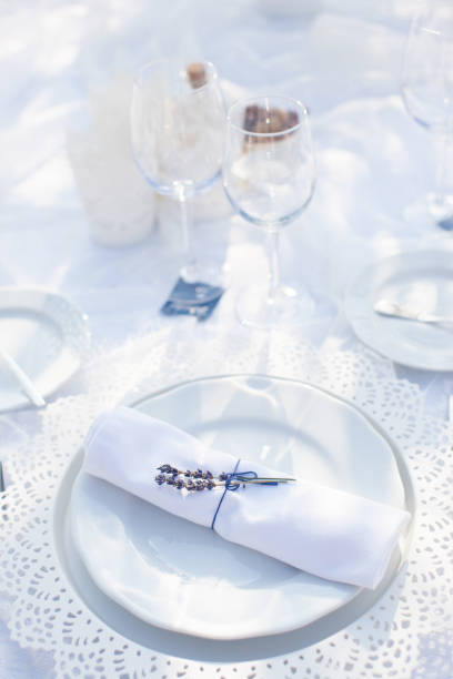 istock Sprig of lavender on a white plate, table decoration 639969560