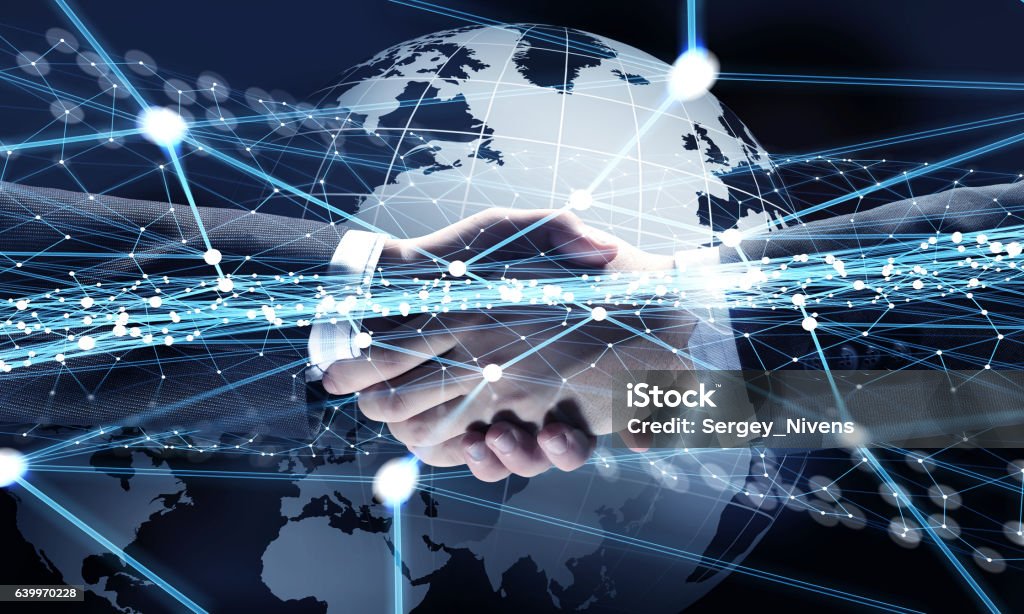 Technologies to connect people . Mixed media Business handshake against social network background. 3D rendering Handshake Stock Photo