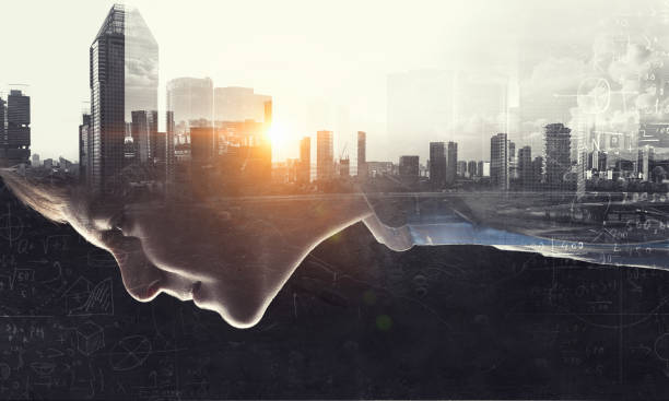 istock Cute boy and modern city . Mixed media 639971082