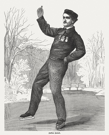 Jackson Haines (1840 - 1879), American ballet dancer and figure skater. He is regarded as the father of modern figure skating. Wood engraving, published in 1865.