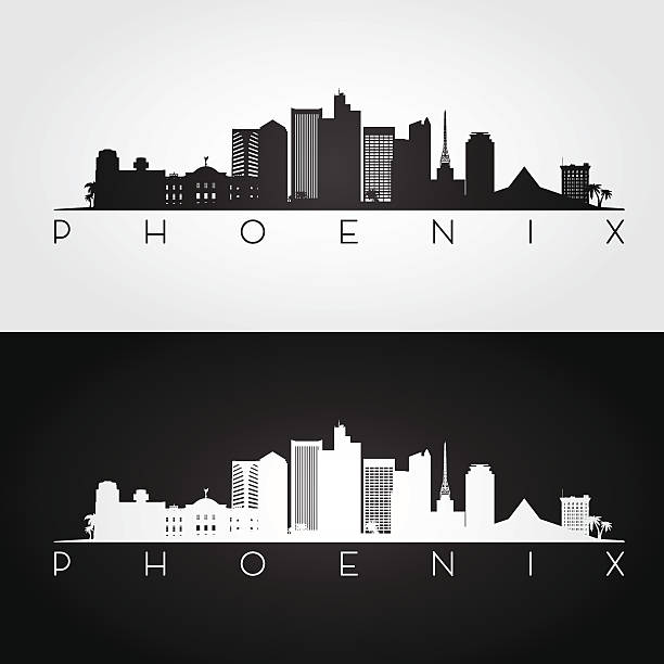 ilustraciones, imágenes clip art, dibujos animados e iconos de stock de horizonte de phoenix ee.uu. y silueta de puntos de referencia - phoenix