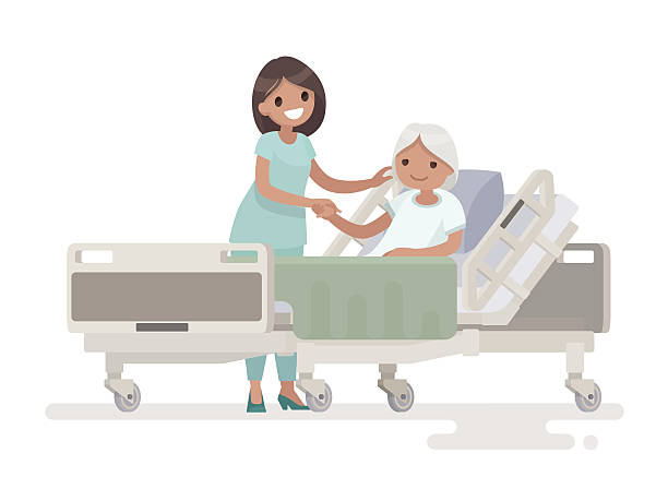 krankenhausaufenthalt des patienten. eine krankenschwester, die sich um sorgt - bett stock-grafiken, -clipart, -cartoons und -symbole