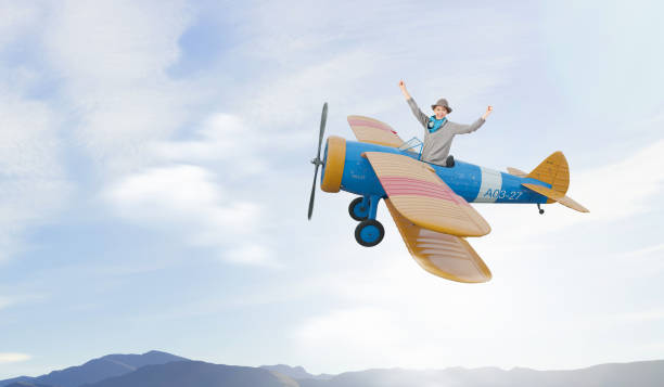 istock Woman in drawn airplane . Mixed media 639973798