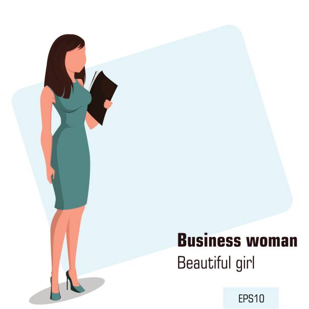 istock Young cartoon businesswoman in office dress holding document case. 639977322