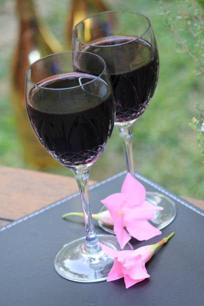 istock two glasses of red wine on the wooden deck 639977452
