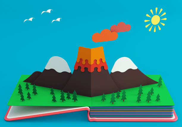 Pop Up Book With Mountainous Landscape And Active Volcano. 3D Rendering