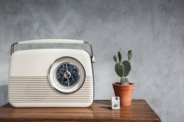 radio vintage con cactus sul tavolo di legno - green bakelite radio foto e immagini stock