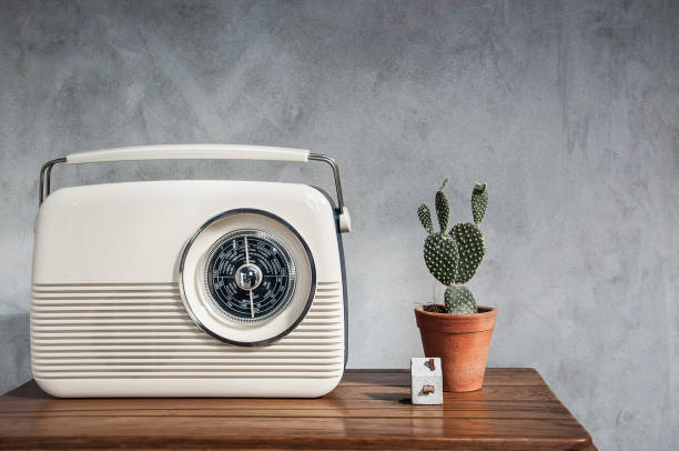 vintage radio z kaktusem na drewnianym stole - green bakelite radio zdjęcia i obrazy z banku zdjęć