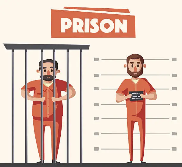 Vector illustration of Prison with prisoner. Character design. Cartoon vector illustration