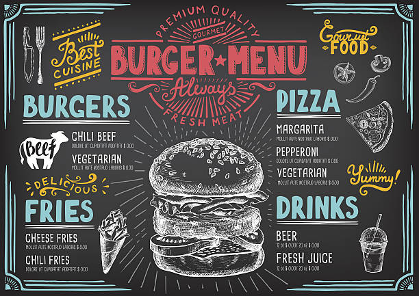 Food menu for restaurant and cafe. Food menu for restaurant and cafe. Design template with hand-drawn graphic elements in doodle style. burger stock illustrations