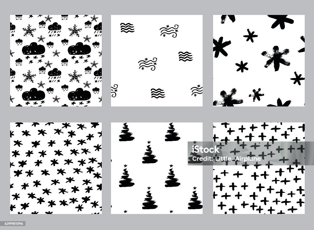 winter pattern set Vector collection of seamless hand drawn patterns. Winter weather theme. Made with ink. Set of black and white patterns for fabric, polygraphy, web, game design. Backgrounds stock vector