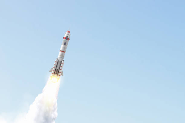 Spaceship taking off and flying high in blue sky