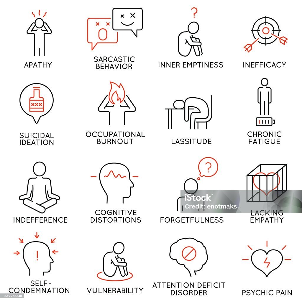 Human behavior and mental conditions icons Vector set of 16 linear icons related to human behavior and mental conditions. Mono line pictograms and infographics design elements Icon Symbol stock vector