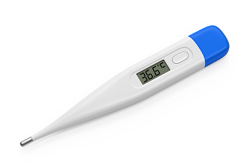 Electronic digital thermometer isolated on white. Healthy human body temperature 36.6 degrees celsius on display. 3D illustration