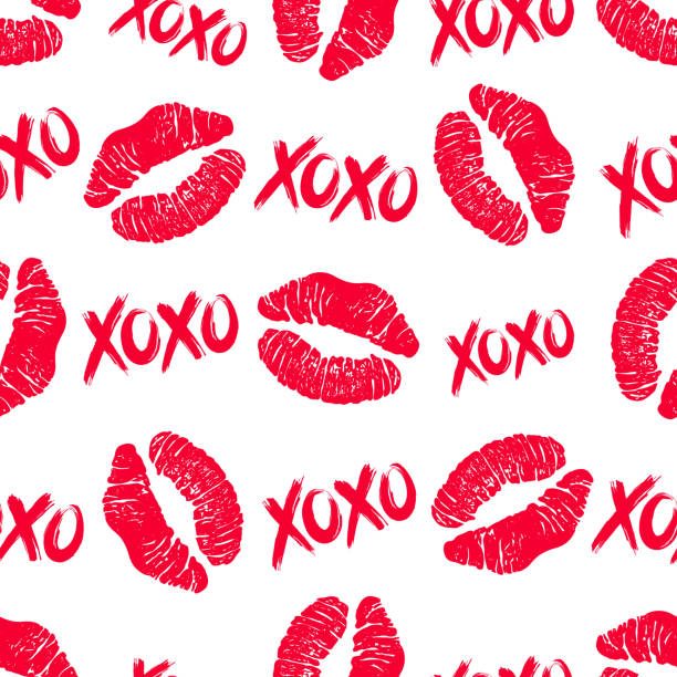 XOXO and lipstick kiss seamless pattern Lipstick kisses and XOXO hugs and kisses brush lettering seamless pattern. Illustration for Valentines Day greeting card and decoration. Vector. lipstick kiss stock illustrations