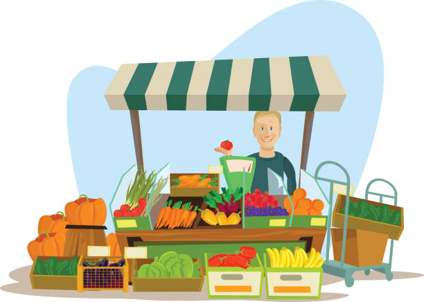 Fruits and vegetables seller man character Fruits and vegetables seller man character. Vector flat cartoon illustration vegetable stand stock illustrations
