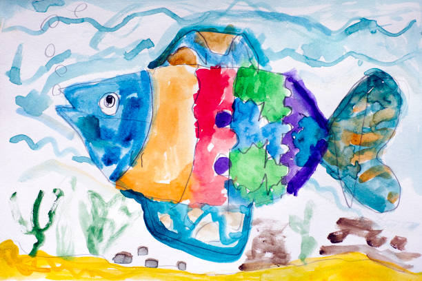 ภาพประกอบสต็อกที่เกี่ยวกับ “ปลา รูปวาดลูก - childs drawing”