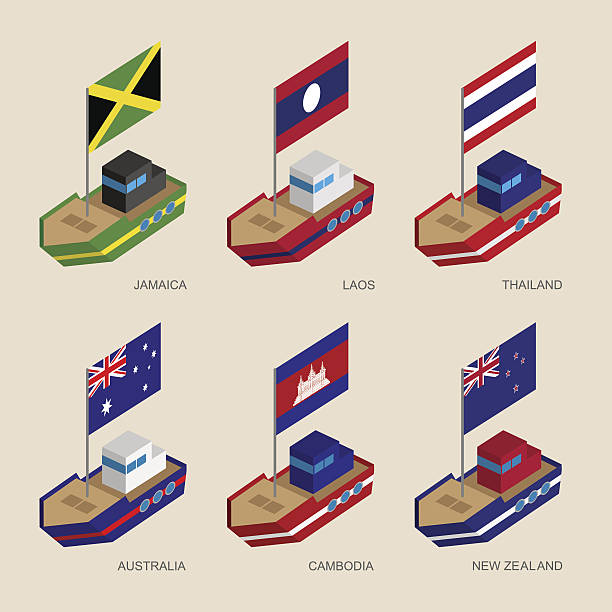 ilustrações de stock, clip art, desenhos animados e ícones de isometric ships with flags: australia, new zealand, laos, thaila - daily cruiser