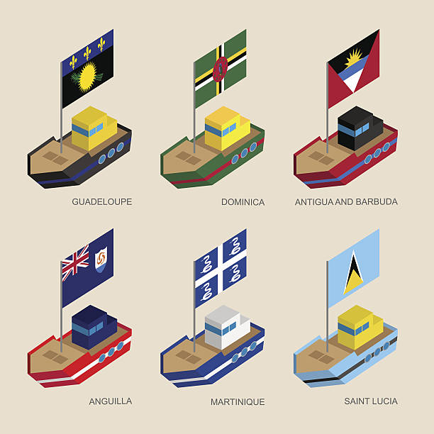ilustrações de stock, clip art, desenhos animados e ícones de isometric ahips with flags: guadeloupe, dominica, antigua, marti - daily cruiser