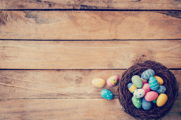 istock Colorful easter egg in the nest on wood background 640002166