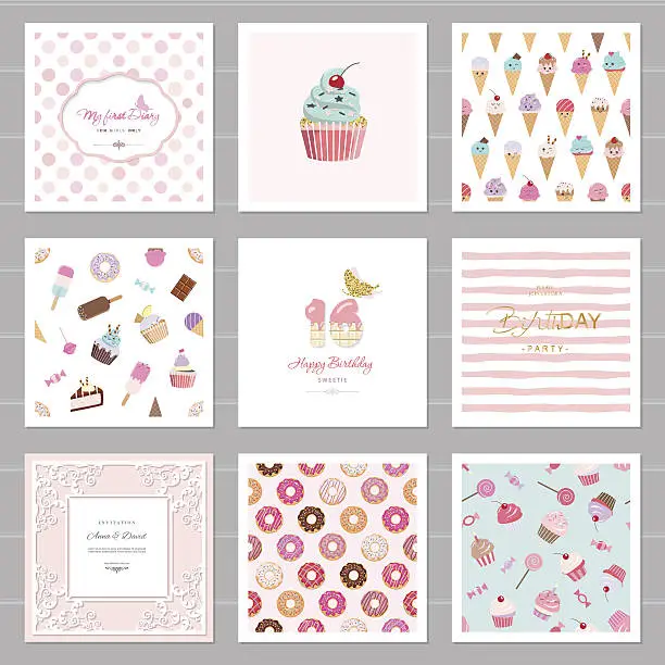 Vector illustration of Cute card templates set for girls. Including frames, seamless patterns