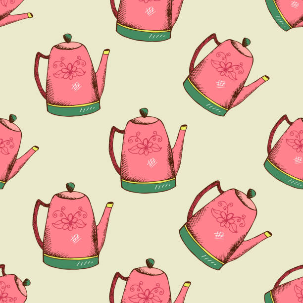 주전자가 있는 빈티지 패턴 - tea cup coffee cup teapot domestic kitchen stock illustrations