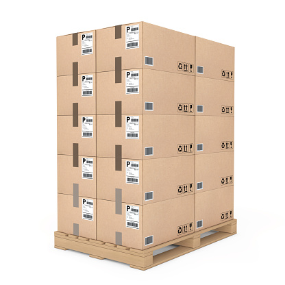 Logistics concept. Cardboard boxes on wooden palette on a white background. 3d Rendering.