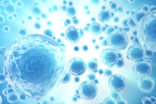 istock Human or animal cells on blue background. Medicine scientific concept 640020528