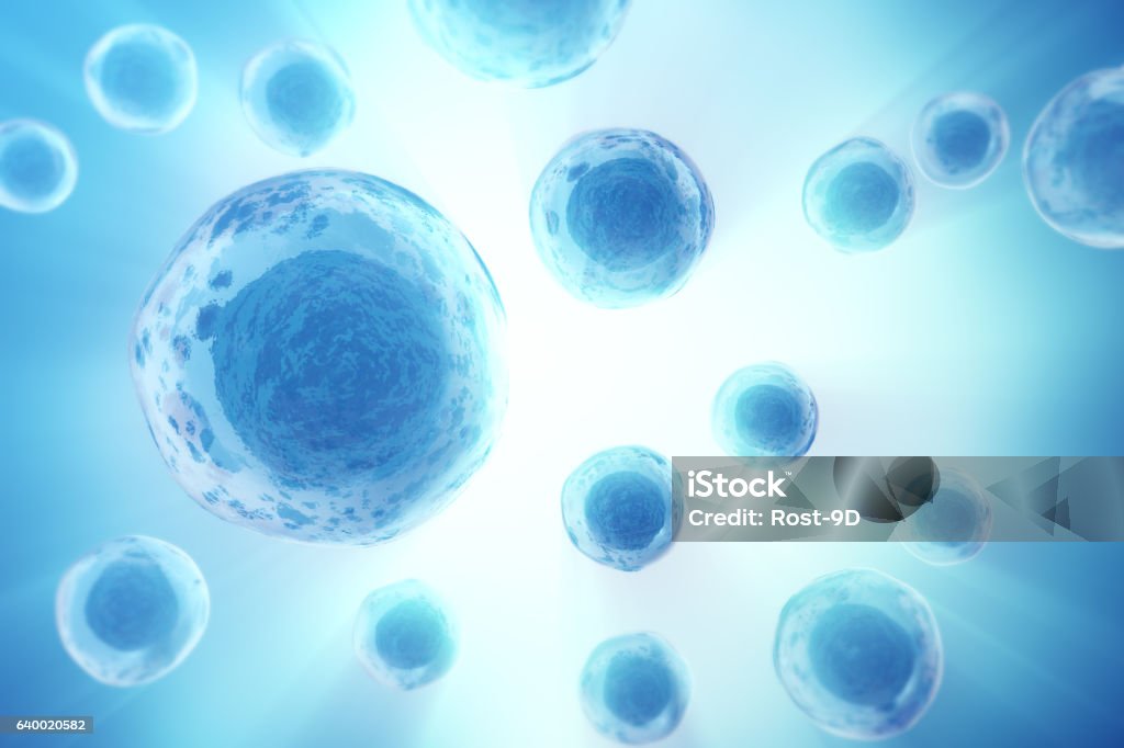 Human or animal cells on blue background. Medicine scientific concept Human or animal cells on colorful background. Medicine scientific concept. 3d rendering. Human Cell stock illustration