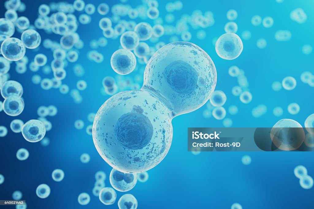 青いセルの背景。生命と生物学, 医学科学, 分子研究 - ヒト細胞のロイヤリティフリーストックフォト