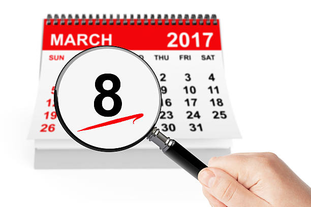 istock Woman's Day Concept. 8 march 2017 calendar with magnifier 640023428
