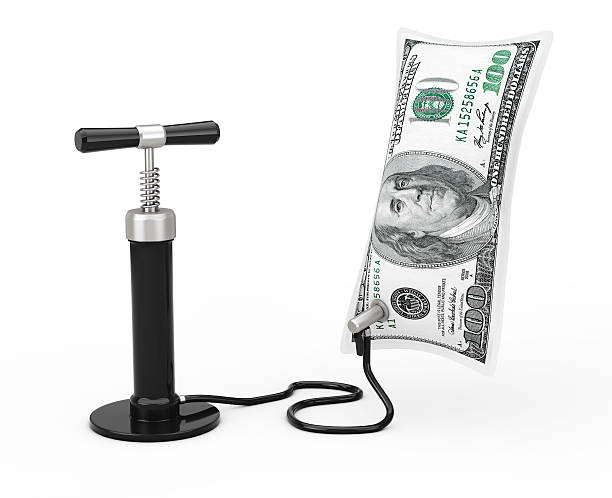 istock Black Hand Air Pump Inflates US Dollars Balloon. 3d Rendering 640023498