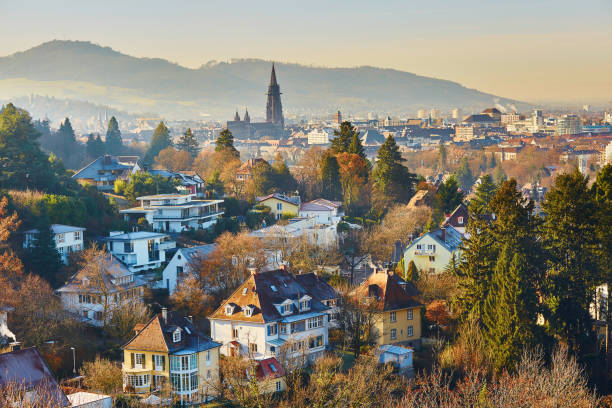 Panorama of Freiburg im Breisgau in Germany stock photo