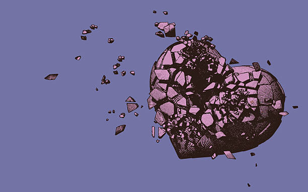 Engraving broken heart on purple BG Pink engraving broken heart illustration on purple background divorce patterns stock illustrations
