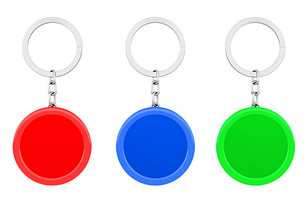 Blank Multicolour Round Metal Key Chain with Key Ring on a white background. 3d Rendering